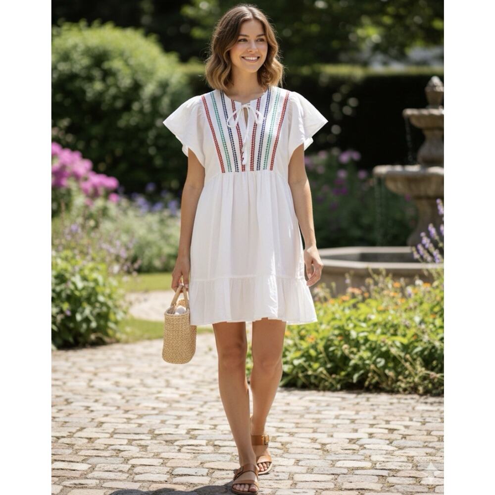 Knox Rose Women’s Dress XL White Multi Color Embroidered Boho Casual Pockets EUC